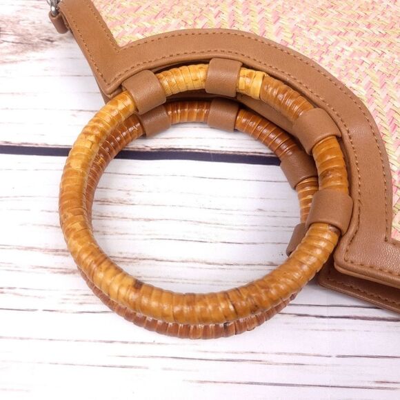 Vintage Fossil Pink and Tan Straw Purse Shoulder Crossbody Bag Wooden Handles - Picture 11 of 15